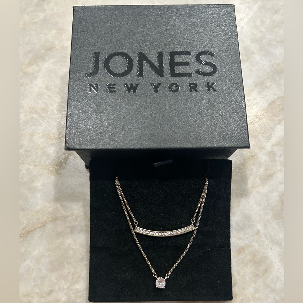 Jones New York Gold-Tone Necklace with Crystal Bar & Solitaire Pendant!